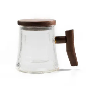 Japanese style glass tea mug with wooden lid and handle, large capacity office water cup.