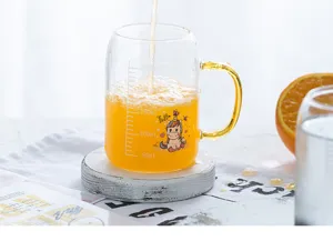 Clear glass children milk cup with scale, unicorn pattern, microwave safe daily use.