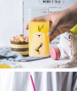 Cute bear square glass cup detail view, transparent heat-resistant drinkware for juice.