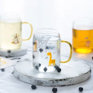 Kids Milk Glass Cup With Scale Handle Heat Resistant Borosilicate Glass Cartoon Drinking Cup For Breakfast