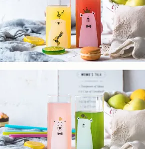 Children cute bear square glass water cup heat resistant milk juice cup detailed view.