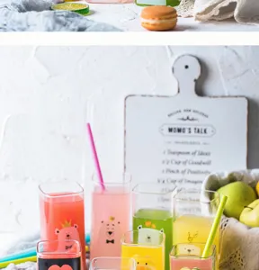 Cute square glass cup with bear design, perfect for milk, juice, and kids daily drinking.