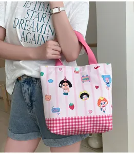 Pink striped canvas tote bag with cute cartoon prints, large capacity casual handbag for women daily commuting.