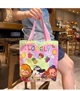 Cute cartoon printed canvas tote bag for women, large capacity daily casual handbag.