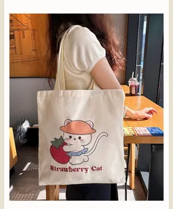 Canvas tote bag for women aesthetic cute strawberry cat print shoulder bag casual daily commuter