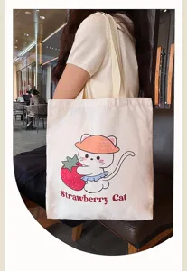 Cute strawberry cat canvas tote bag for women, large capacity casual shoulder bag for daily.