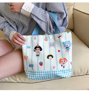 Fashion cartoon canvas handbag, large capacity women tote bag, cute print commuter bag.