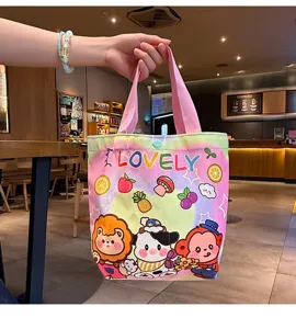 Colorful canvas tote bag with cute cartoon prints and lovely typography for daily commuting use.