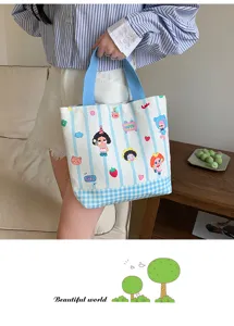 Cute canvas tote bag with blue and white stripes, large capacity casual handbag for use.