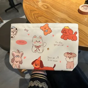 Canvas cosmetic pouch cute cartoon dog print portable travel makeup storage bag zipper bag