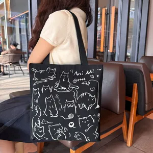Black canvas tote bag for women, large capacity shoulder bag with cute white cat print.