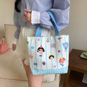 Cute cartoon printed canvas tote bag for women, stylish casual lunch handbag for daily commute.