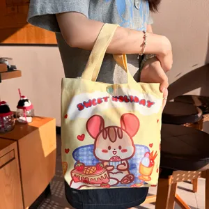 Cute cartoon canvas tote bag for women, large capacity stylish casual handbag and lunch bag.