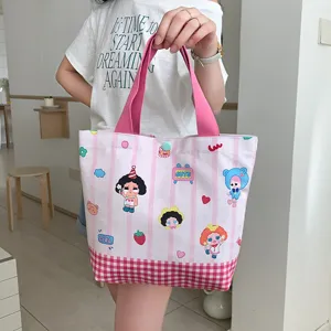 Cute pink striped canvas tote bag with cartoon print, casual large capacity shoulder handbag.
