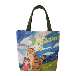 Original cartoon canvas tote bag, cute tiger print, large capacity, casual commuter handbag.