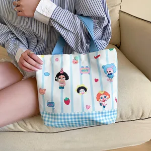 Cute cartoon canvas tote bag for women, large capacity casual shoulder bag with funny prints.