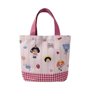 Cute pink striped canvas tote bag, fashionable cartoon lunch bag for women and daily commute.