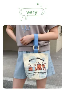 Cute cartoon capybara canvas handbag portable lunch bag casual tote bag for women daily commute