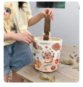 Cute cartoon capybara canvas bucket bag with wooden ring handle casual tote bag for daily use