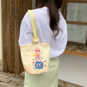 Cute cartoon canvas tote bag with wooden ring handle casual aesthetic shoulder handbag