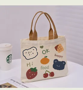 Cute cartoon canvas tote bag with cute bear and fruit print, casual handbag for daily use.