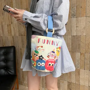 Cute cartoon canvas tote bag large capacity casual handbag for women and daily commuting