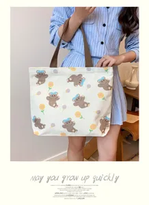 Cute canvas tote bag for women, large capacity shoulder bag with zipper and cartoon bear print.