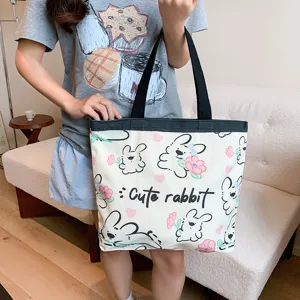 Women Cute Cartoon Printed Canvas Tote Bag Large Capacity Zipper Shoulder Bag For Daily Commuting And Student School Handbag