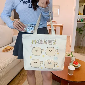 Sweet cute canvas tote bag for women, large capacity casual shoulder bag with cartoon dog print.