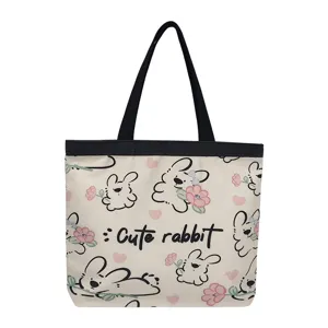 Cute cartoon rabbit canvas tote bag for women, large capacity shoulder bag with zipper.