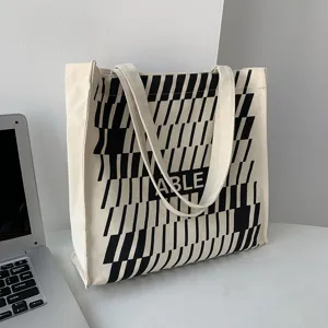 Large Capacity Canvas Tote Bag Geometric Leopard Print Shoulder Bag For University Students Daily School Work Handbag
