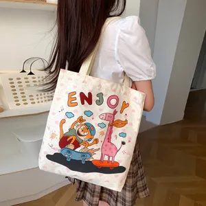 Large capacity canvas tote bag with cute cartoon print, casual shoulder bag for daily use.