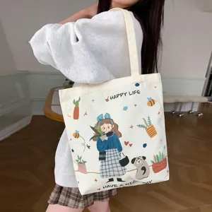Cute cartoon printed canvas tote bag, large capacity casual shoulder bag for daily use.
