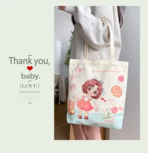 Leinwand Tragetasche Damen, große Schultertasche mit süßem Anime Grafikdesign, Freizeitstil.