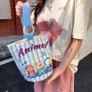 Cute Cartoon Animal Print Canvas Handbag For Women Niche Design Wooden Ring Handle Small Tote Lunch Bag Casual Handheld Purse