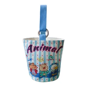 Cute cartoon canvas bucket bag lunch handbag with blue stripes and wooden ring detail
