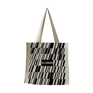 Large canvas tote bag with black and white geometric pattern and illusion print for daily use.