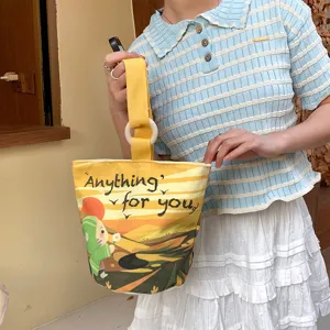 Korean style canvas bucket bag with wooden ring handle and cute landscape print for women