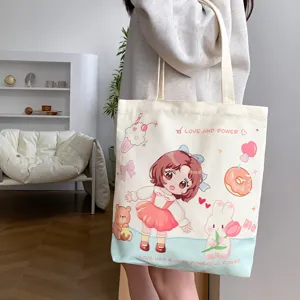 Cute canvas tote bag with anime girl print, stylish shoulder bag for women and students.