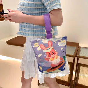 Canvas bucket bag for women stylish cute cartoon rabbit print casual handbag with purple handle