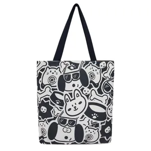 Black and white doodle canvas tote bag, large capacity shoulder bag for women and students.