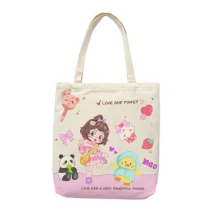 Niedliche Canvas Tasche für Damen, große Umhängetasche mit süßem Cartoon Druck.