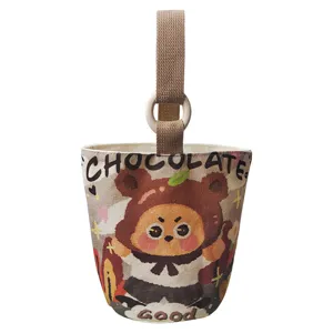 Canvas hanging storage bag cute bear print bucket bag casual small portable handbag for daily use