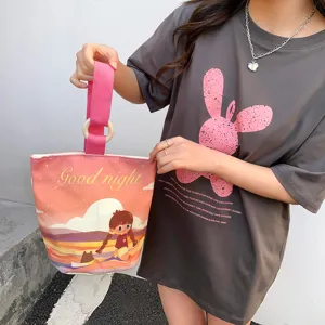Canvas bucket bag women commuter handbag cute sunset landscape print pink casual tote