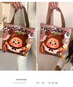 Cute bear canvas tote bag for women, large capacity casual handbag and bento bag.