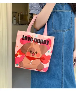Cute pink canvas tote bag for women, portable casual handbag with lovely puppy print and button.