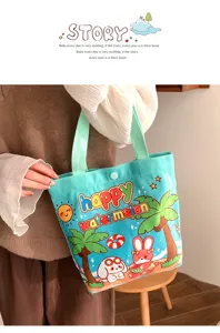 Cute canvas tote bag with cute watermelon and cartoon print, large capacity handbag.