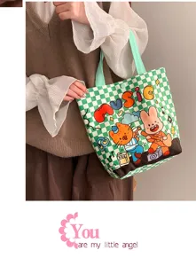 Cute green checkerboard canvas tote bag for women daily casual shopping and lunch handbag