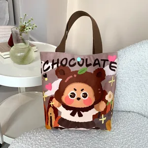 Cute Cartoon Bear Pattern Handheld Bento Bag Polyester Portable Canvas Tote Bag For Women Daily Casual Small Square Purse