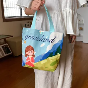 Cute cartoon girl print canvas tote bag, casual handbag for daily shopping and lunch storage.
